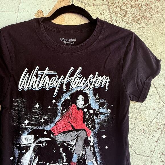 Recycled Karma Tops - Whitney Houston Graphic T Shirt Black Motorcycle Tee Size XS